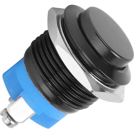 Interrupteur poussoir métal étanche inox 16mm, auto-réarmement normalement ouvert 220V, bouton noir, robuste et durable. (1/5)