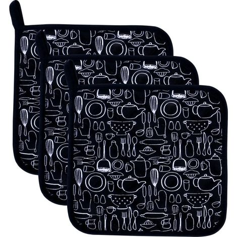 Alltagstauglicher Küchenschwamm, Topflappen, hitzebeständiger Untersetzer, Ofenhandschuh zum Kochen und Backen, 20 x 20 cm, 3er-Set, Einheitsgröße, Schwarz (1/3)