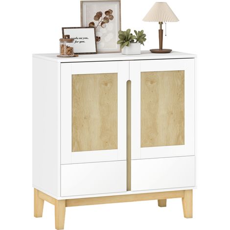 Credenza, mobile contenitore con 2 ante, 2 cassetti e ripiano regolabile, 80 x 40 x 86 cm, bianco e rovere