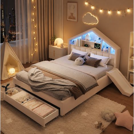 MODFU – Lit enfant 140x200 cm velours – Toboggan réversible, LED et port de charge – Tête maison et coffre – Beige (1/5)