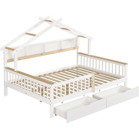 Letto per bambini 140 x 200 cm in pino e MDF bianco e naturale con tetto, sponde e 2 cassetti (1/5)