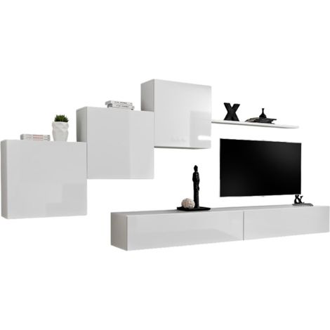 Composizione murale SWITCH X – Mobile TV da parete, cubi sospesi e scaffale – Bianco lucido – Design moderno
