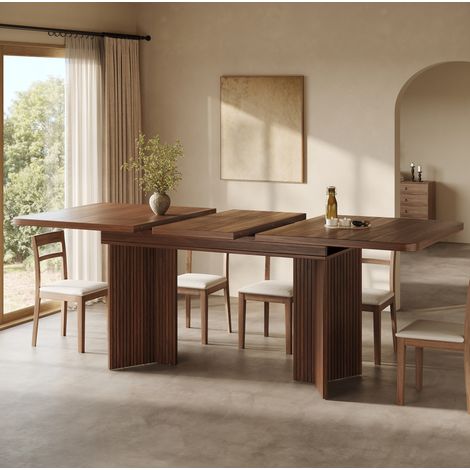 Tavolo da pranzo allungabile 120-160x80 cm con piano estensibile, gambe a V scanalate, struttura stabile MDF marrone (1/5)
