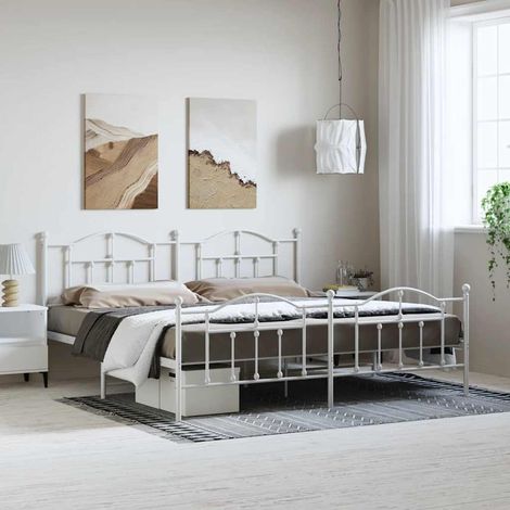 Cadre de lit métal sans matelas et pied de lit blanc 193x203 cm (1/5)