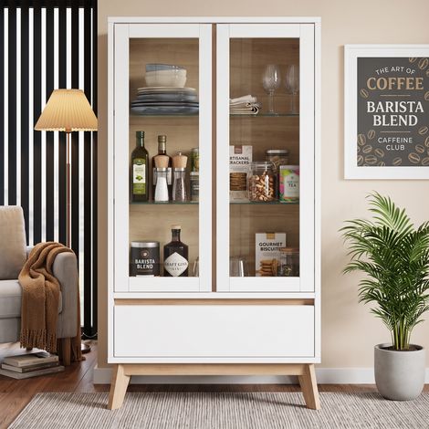 Buffet haut 80x40x150 cm Vaisselier vitrine avec 2 portes vitrées,1 tiroir, 3 étagères réglables, panneaux de particules, blanc effet bois naturel