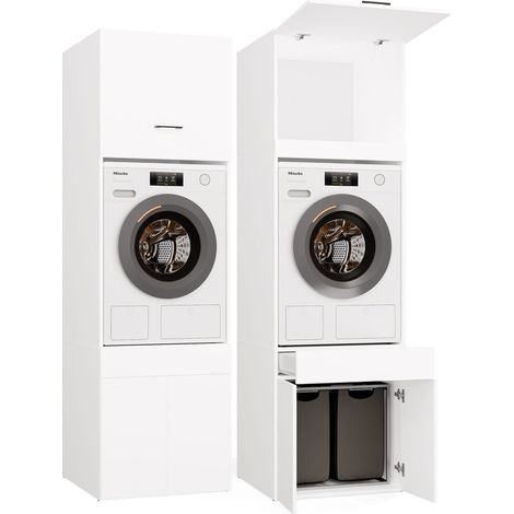 Pola twin 1s - armoire avec rehausse de salle de bain pour lave-linge ou sèche-linge - étagère tiroir - blanc (1/5)