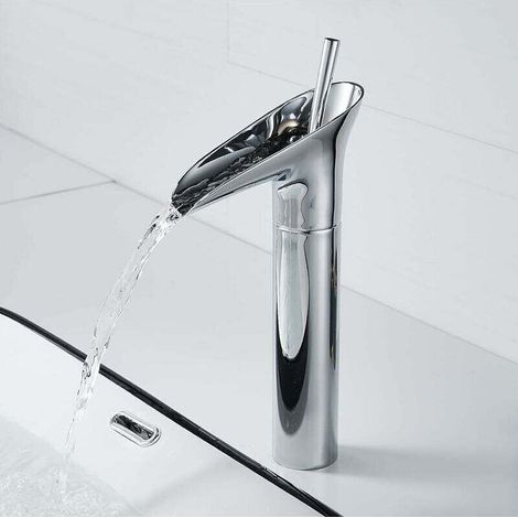 Verchromte Badezimmerarmaturen, Wasserfall-Badezimmerarmaturen, verchromte Retro-Einhebel-Waschtischarmaturen, hohe Aufsatzwaschtischarmaturen aus Messing