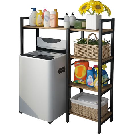Etagère Métallique Dessus de Machine à Laver - Meuble Universel Buanderie en Métal Noir et Bois - H 134 x L 110 x P 34 cm - Livraison gratuite