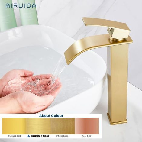 Robinet de lavabo cascade – Or brossé, monotrou – Économie d'eau – Installation facile