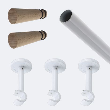 Kit de tringle à rideaux Blanc 250cm Diam.20mm Embout Cône Bois - Fixation Mur - Boulet (1/3)