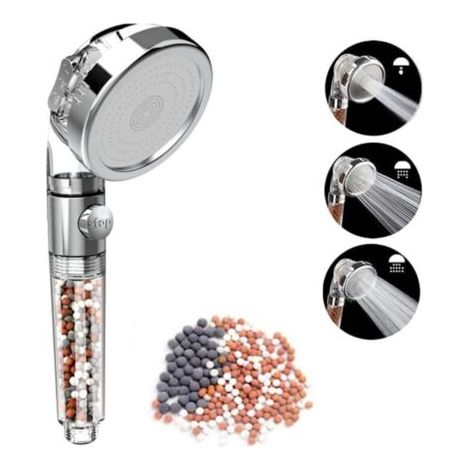 Pommeau de douche avec système anticalcaire - Pommeau de douche haute pression, trois jets - Filtre à économie d'eau et billes minérales (1/4)