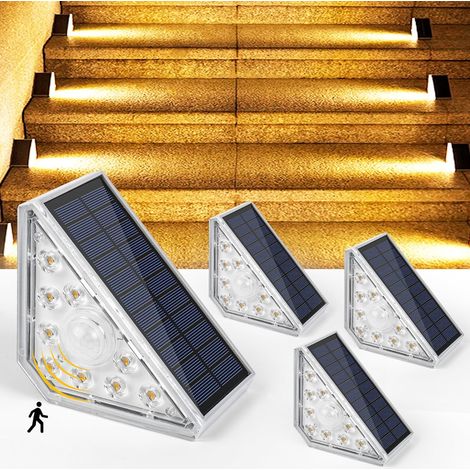 Solar-Treppenleuchte, 300 lm, LED-Solar-Treppenleuchten für den Außenbereich mit Sensor, IP67 wasserdichte Außen-Solarleuchten für Treppen, Garten, Terrasse, Garage, Stufen, 4 Stück [Energieklasse A] (1/5)