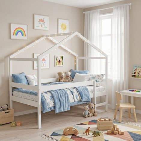 Lit cabane MIKA 90x190 + sommier + matelas IRIS / Blanc/ 199x95x165