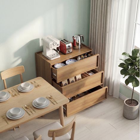 Comò 80x48x78 cm, a tre cassetti, design minimalista senza maniglie, guide metalliche, MDF e pannello truciolare, rovere (1/5)