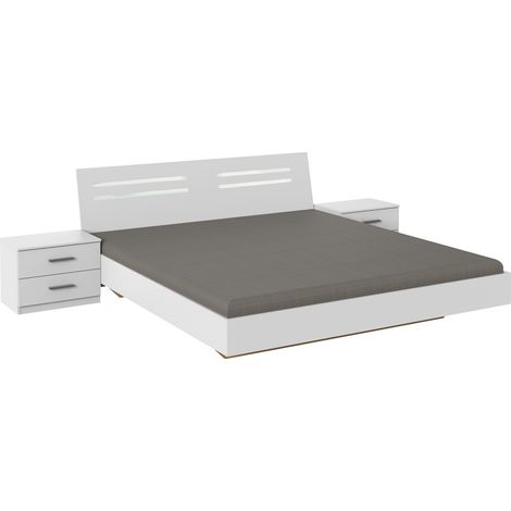 Pegane – Lit adulte double 160 x 200 avec 2 chevets – Panneaux de particules mélaminés blancs – Dimensions lit : 169 x 210 x 81 cm