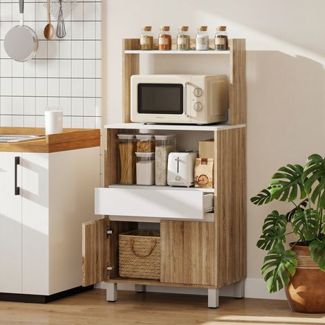 Meuble Micro-Ondes, Buffet Cuisine avec Tiroir, 2 Portes à Fermeture Douce, Plan de Travail et Étagères Ouvertes, Chêne (1/5)