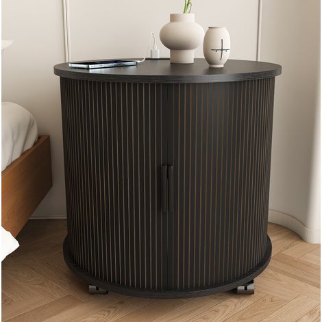 Comodino rotondo con presa, 2 USB, anta scorrevole e ruote, nero DESVIAE (1/5)