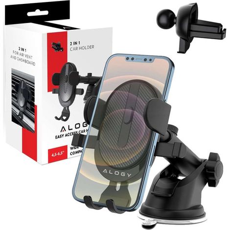 Alogy 2-in-1 Autohalterung für 6,5"-Smartphones, Schwerkraftbefestigung, für Windschutzscheibe, Armaturenbrett, Kühlergrill, einfache Ein-Knopf-Bedienung, Schwarz (1/5)