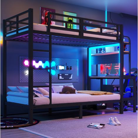 Lit enfant superposé 90 x 200 cm avec bureau, étagères, LED, port USB, métal et MDF noir HAVRYA (1/5)