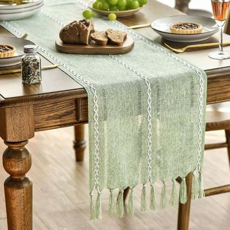 Chemin de table 33x183 cm en polyester à franges style bohème vert sauge pour salle à manger, lot de 1 pièce (1/5)