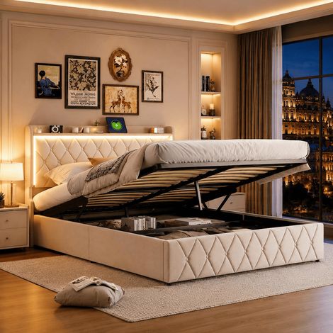 Lit Coffre 160x200 cm,lit capitonné avec Ports de Charge USB et lumière LED,lit Double équipé de Rangement et d'un sommier à Lattes,Tête de Lit avec Rangement pour Adultes et Adolescents,Velours Beige (1/5)