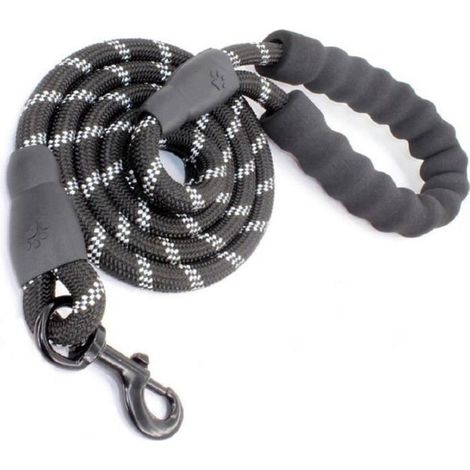 1 LAISSE CHIEN corde nylon NOIR solide - poignée rembourrée chien moyen ou grand - mousqueton métal - réfléchissant : 150 1.2 cm (1/3)