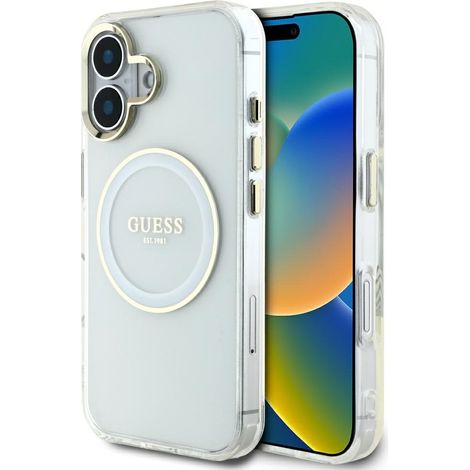 Custodia Guess IML con cerchio in metallo colorato e logo classico MagSafe per iPhone 16, colore bianco (1/5)