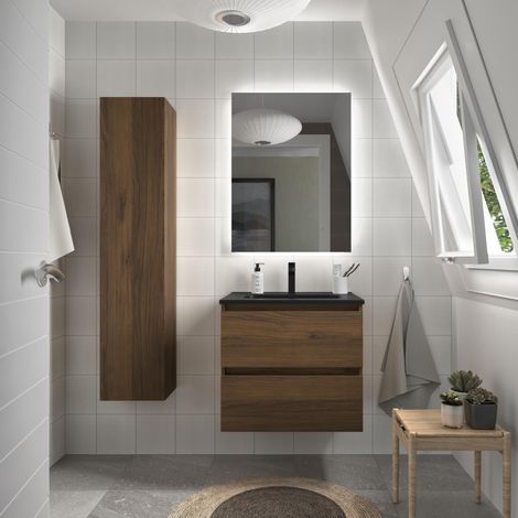 Mueble de Baño BEQUIA 60cm Nogal Lavabo Negro Porcelana (1/5)