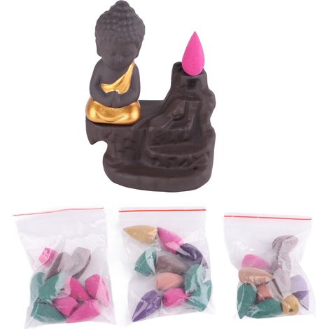 Brûleur d'encens à reflux Monk, porte-encens cascade de sable violet relaxant et confortable avec 30 bâtonnets d'encens pour le yoga et le bureau, jaune doré (1/5)