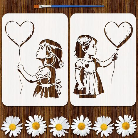 2 Styles Pochoirs à Motifs de Fille Ballon Avec Un Pinceau 29.7x21cm Pochoirs Peinture Graffiti Ballon Coeur Pet Thèmes Modèle pour Peinture sur Bois Sol Carrelage Mur Tissu (1/5)