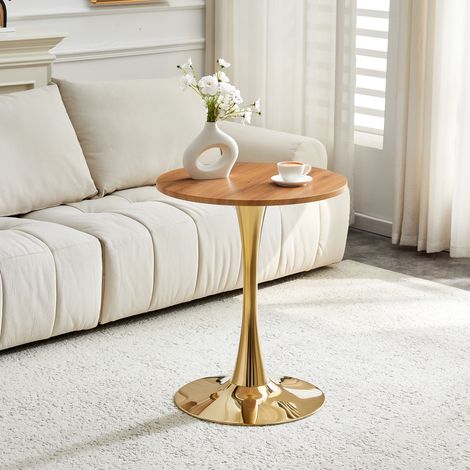 Table basse ronde plateau MDF effet bois naturel – Piètement central métal doré style tulipe – Dimensions Ø60xH72cm – Double usage table d'appoint et petite table repas salon (1/5)