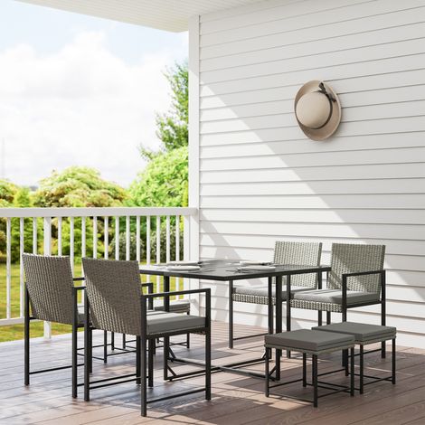 Salon de jardin extérieur en résine tressée 8 places avec coussins et plateau en verre trempé. gris