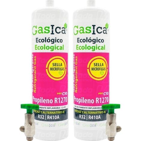 2 Botellas Gas refrigerante gasica C10 compatible con R32 R410A válvula incluida
