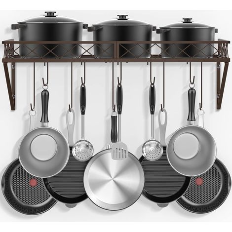 Support mural, étagère pour casseroles et poêles, 70 cm, casserole à manche, étagère suspendue, étagère pour poêles de cuisine, organisateur de cuisine en métal avec 10 crochets, bronze (1/5)