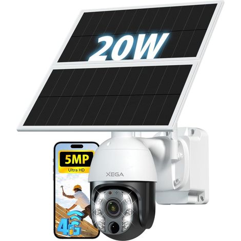 Xega Caméra de Surveillance 4G LTE 5MP Zoom Optique 10X, Panneau Solaire 20W, Batterie 30 000 mAh, Enregistrement 24/7, Vision Nocturne 30 m