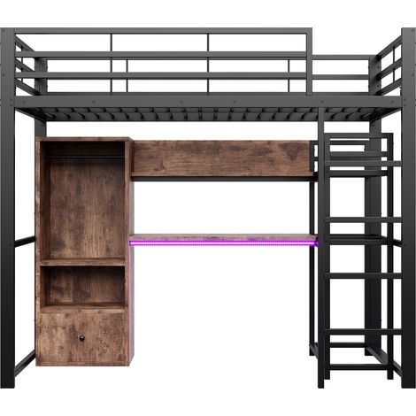 Lit mezzanine 90 x 200 cm en métal, avec LED, bureau, 1 tiroir, étagères, garde-corps et escalier, sans matelas, certifié EN747, noir (1/5)