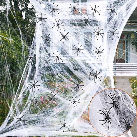 Toile d'araignée décorative pour Halloween, 300 g (≈1000 pieds carrés) avec 50 araignées fantômes artificielles, adaptée pour une utilisation intérieure/extérieure, parfaite pour les bars et les maiso (1/5)