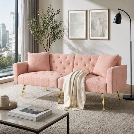 Divano 2 posti Teddy rosa con schienale reclinabile a 3 posizioni, gambe metalliche, OKWISH (1/5)