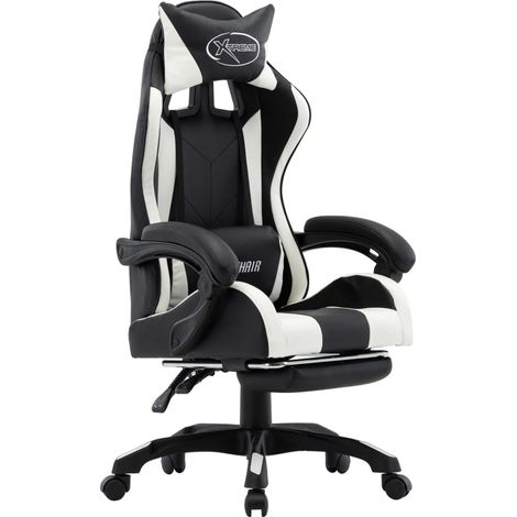Fauteuil de jeux vidéo et repose-pied Blanc et noir Similicuir