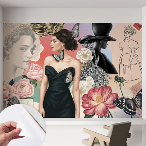 Papier peint adhésif autocollant pour salon chambre à coucher peint imprimé Installation facile Fleurs et portraits 152x104 cm (1/5)