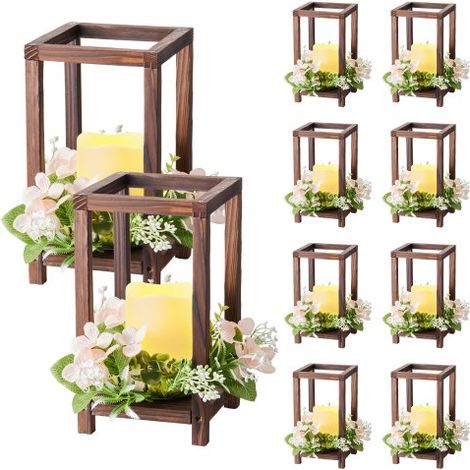 Faroles de Madera para Bodas 10 Juegos con Velas LED y Coronas de Flores, Farolillos para Velas 140 x 140 x 254,8 mm, Candelabros para Decoración Rústica de Mesa de Boda, para Fiestas, Marrón (1/5)
