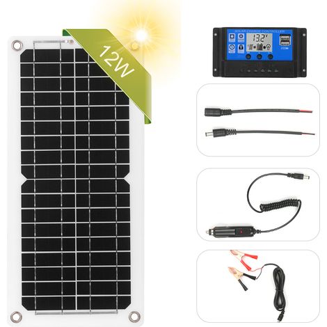 Sistema a pannelli solari off-grid da 12 W 12 V, kit di ricarica solare per campeggio, regolatore di carica solare da 100 A + cavo solare, per casa, capanno da giardino, camper. (1/5)