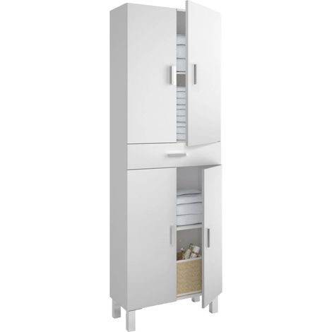 Armadio multiuso grande Oxnard, Mobile per bagno o lavanderia a 4 ante e 1 cassetto, Armadio multiuso porta scarpe, 60x29h182 cm, Bianco lucido
