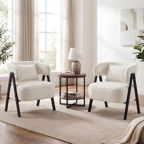 Fauteuil blanc en fausse fourrure avec dossier arrondi, coussin lombaire et pieds en métal pour salon, chambre et bureau (1/5)