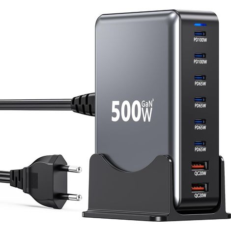 Chargeur USB C 500W, 8 en 1 Chargeur rapide, GaN III PPS Station de Charge 2-PD100W Port/4-PD65W/2 QC3.0 USB A, Laptop Alimentation Compatible avec 15/16/S23 (1/5)