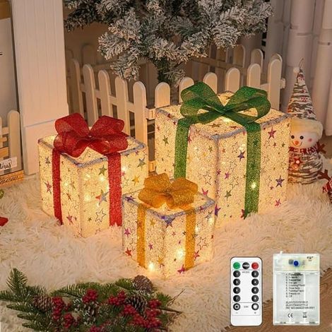 Décorations de Noël - Lot de 3 boîtes cadeaux lumineuses LED avec télécommande et 8 modes d'éclairage (1/5)