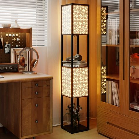Lampadaire sur Pied avec 2 Étagères&2 Abat-jours Lampe de Lecture avec Motif de Fleur&Douille E27 sans Ampoule Interrupteur à Pied Noir (1/3)