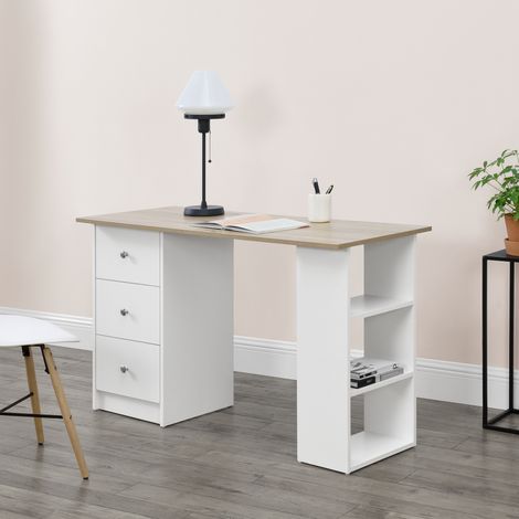 Scrivania Lemberg con Cassetti e Ripiani - Bianco / Effetto Rovere [en.casa]