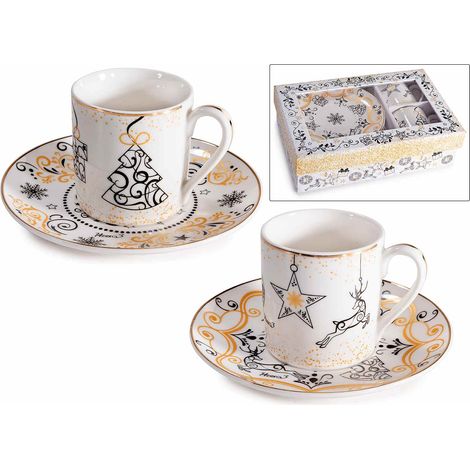 Tasses de Noël en porcelaine décors dorés et sous-tasse, coffret de deux, lot de 3, tasse : diam. 5 x H. 5,5 cm