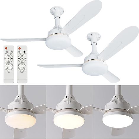 Ventilateur de plafond silencieux avec éclairage intégré, 2 pièces, 3 pales, télécommande, 3 vitesses de ventilation, blanc (1/5)